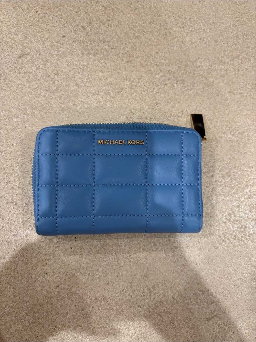 Michael Kors Blue Quilted Zip Card Case with Gold Hardware